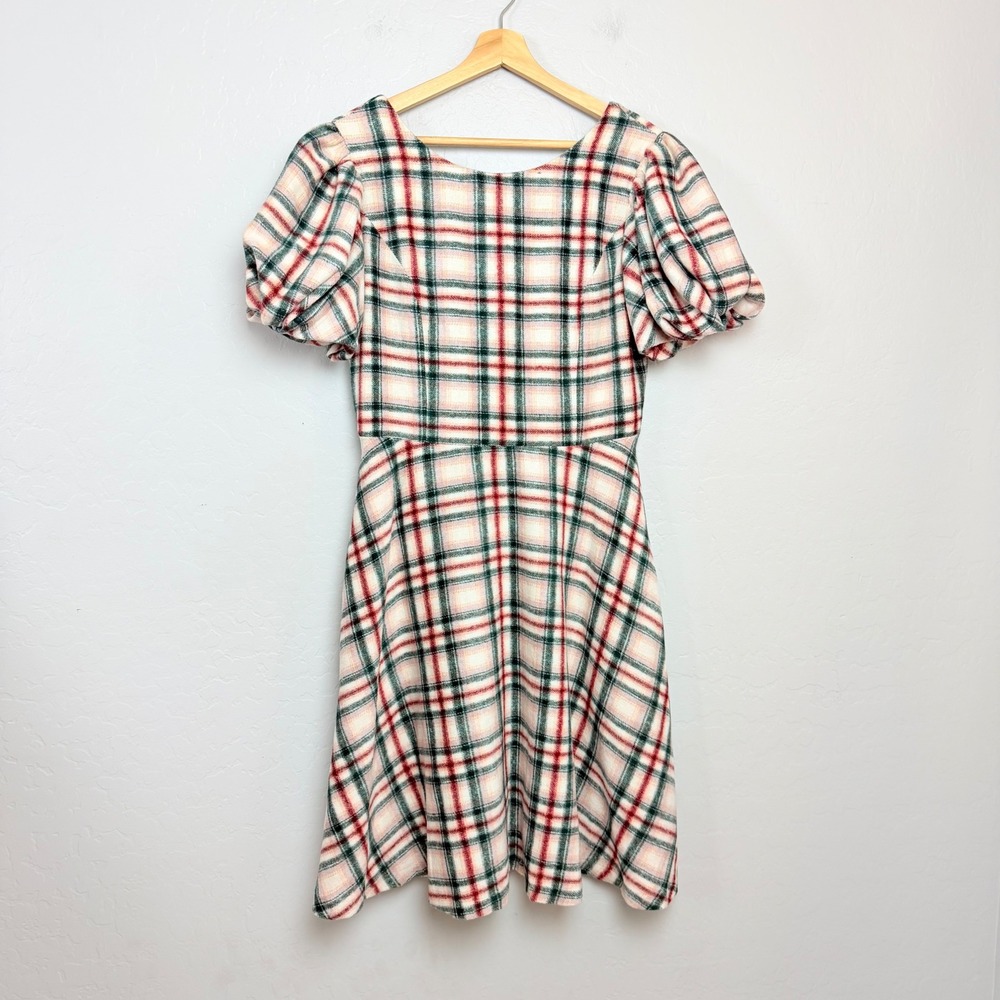 Ivy City Co Plaid Wool Blend Puff Sleeve Fit Flare Dress Large Holiday Green Red